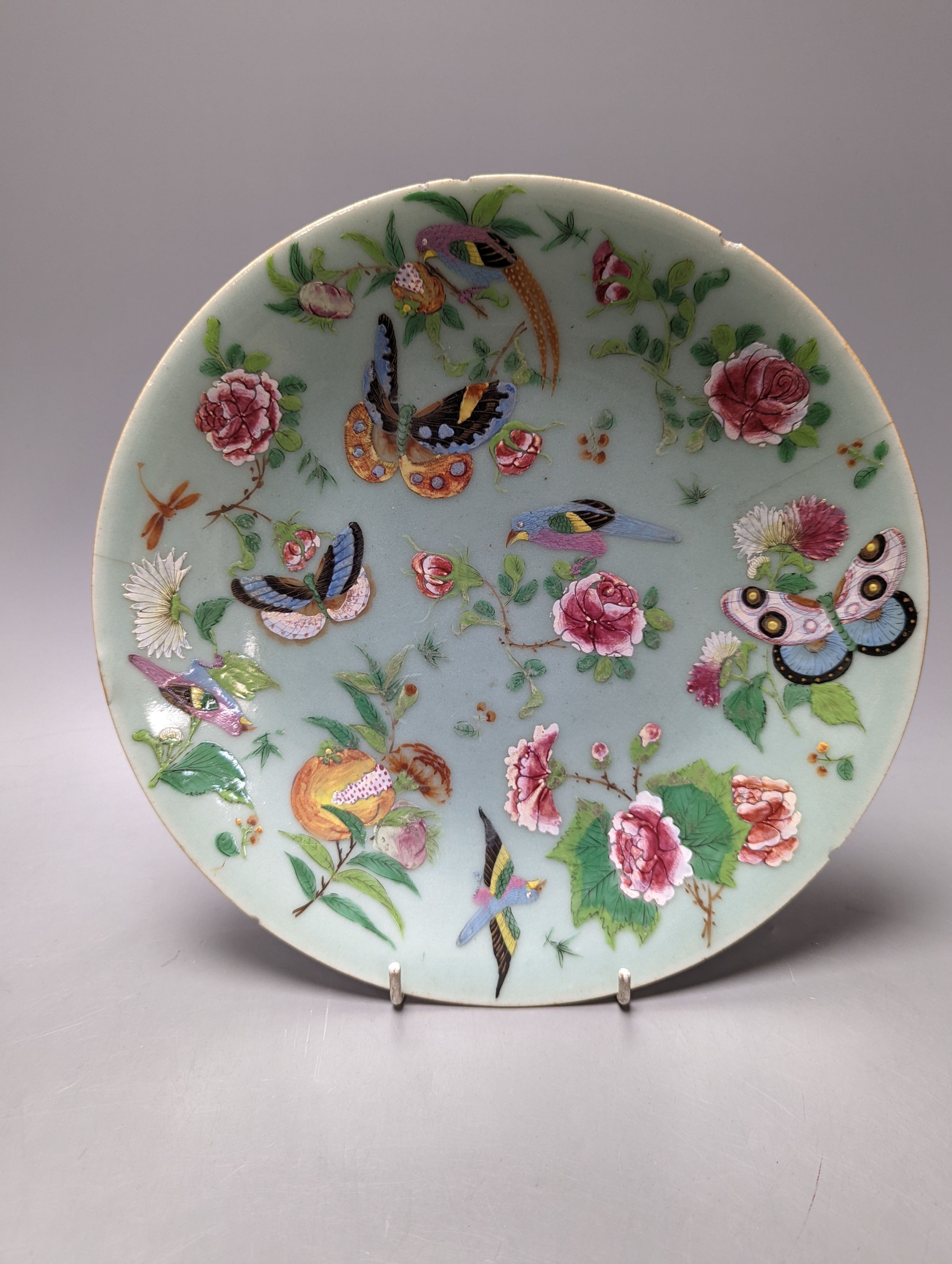 A group of ten mid 19th century Chinese famille rose celadon ground plates, largest 26cm